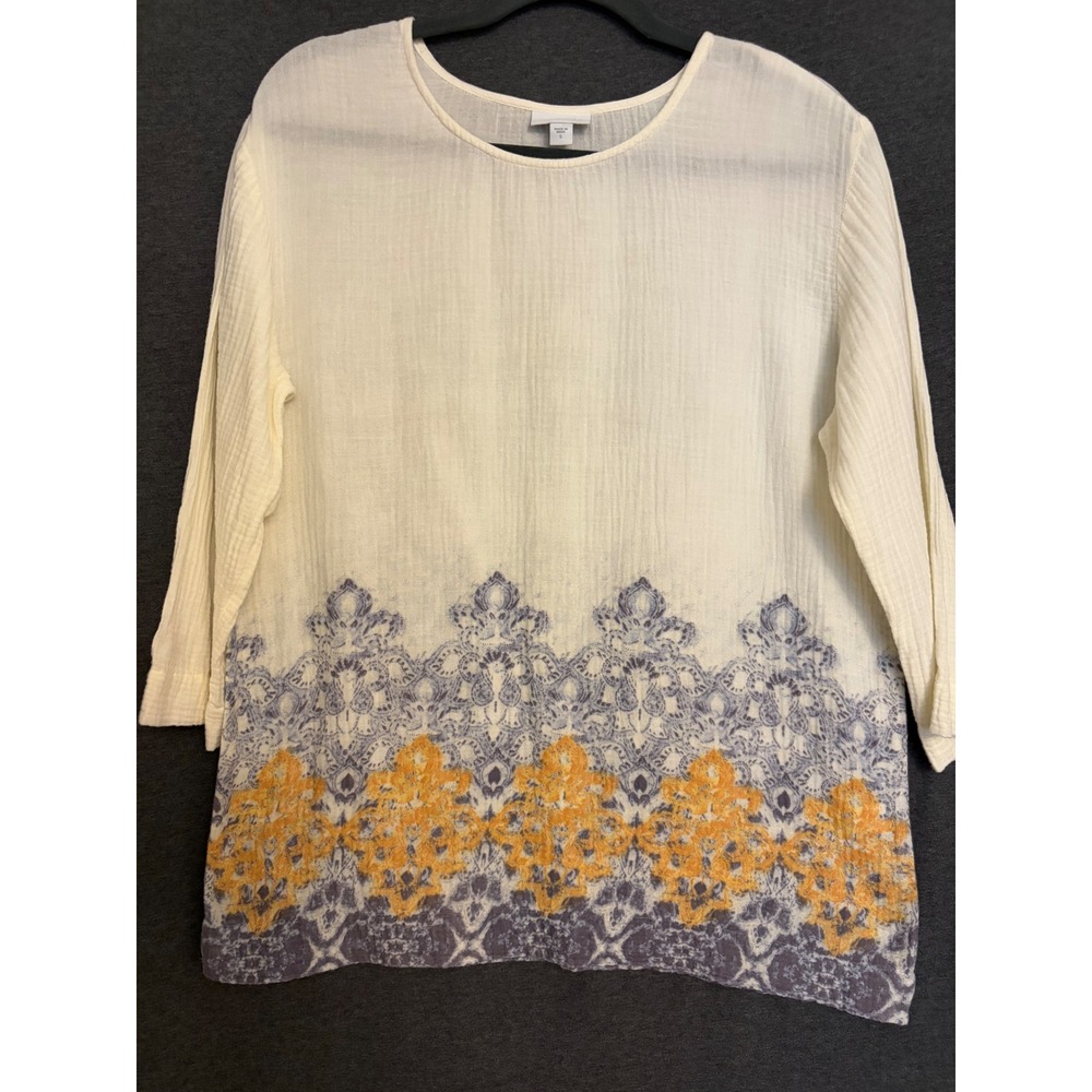 Pure Jill Cream‎ Blue Orange Medallion Gauze Tunic Soft Top Shirt Womens Size S